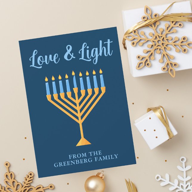 Cartes Pour Fêtes Annuelles Hanoukka Love & Light Custom Menorah Blue Gold (Créateur téléchargé)