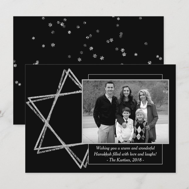 Cartes Pour Fêtes Annuelles Hanoukka moderne Silver Wishful Star of David Phot (Devant / Derrière)