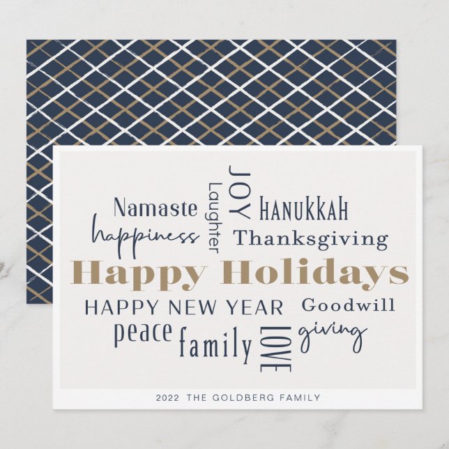 Cartes Pour Fêtes Annuelles Hanoukka Salutations Holiday Blue Gold (Devant / Derrière)
