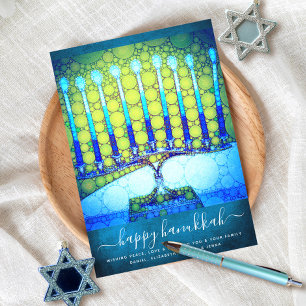 Cartes Pour Fêtes Annuelles Hanoukka Stylish Blue Green Menorah sur Turquoise 