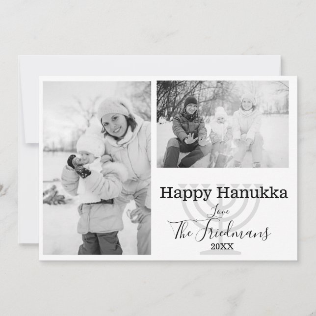 Cartes Pour Fêtes Annuelles Happ Hanukka Famille 2 Photo Noir Blanc (Devant)