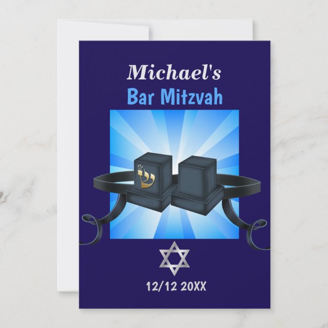 Cartes Pour Fêtes Annuelles Happy Bar Mitzvah 20XX Tefillin Blue Personnalisé (Devant)