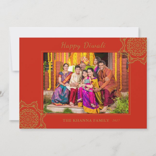 Cartes Pour Fêtes Annuelles Happy Diwali Photo Red Gold Mandala Salutation (Devant)