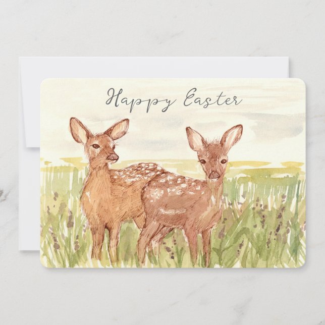 Cartes Pour Fêtes Annuelles Happy Easter Spring Fawns Deer Wildflower Field (Devant)