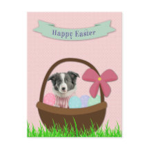 Happy Easter with Dog in Easter Basket Postcard