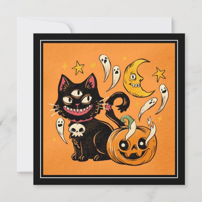 Cartes Pour Fêtes Annuelles Happy Halloween Éffrayant Chat noir et Citrouille (Devant)