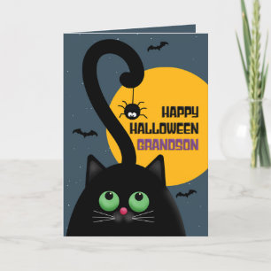 Cartes Pour Fêtes Annuelles Happy Halloween Grand-fils Chat noir avec araignée