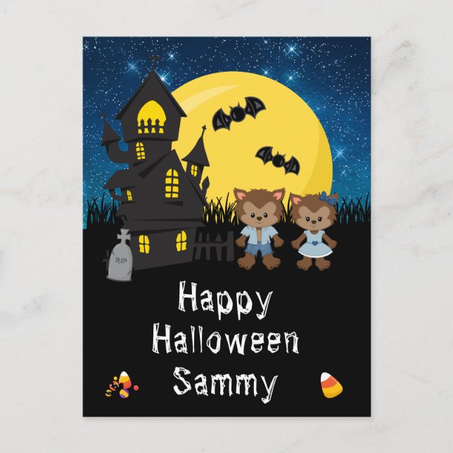 Cartes Pour Fêtes Annuelles Happy Halloween Werewolf Blue (Devant)