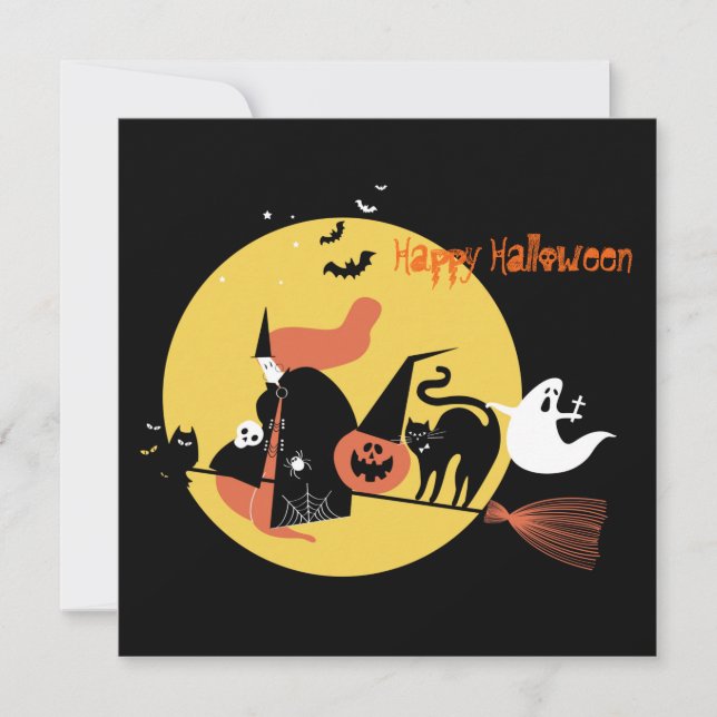 Cartes Pour Fêtes Annuelles Happy Halloween Witch dessin éffrayant drôle plat (Devant)