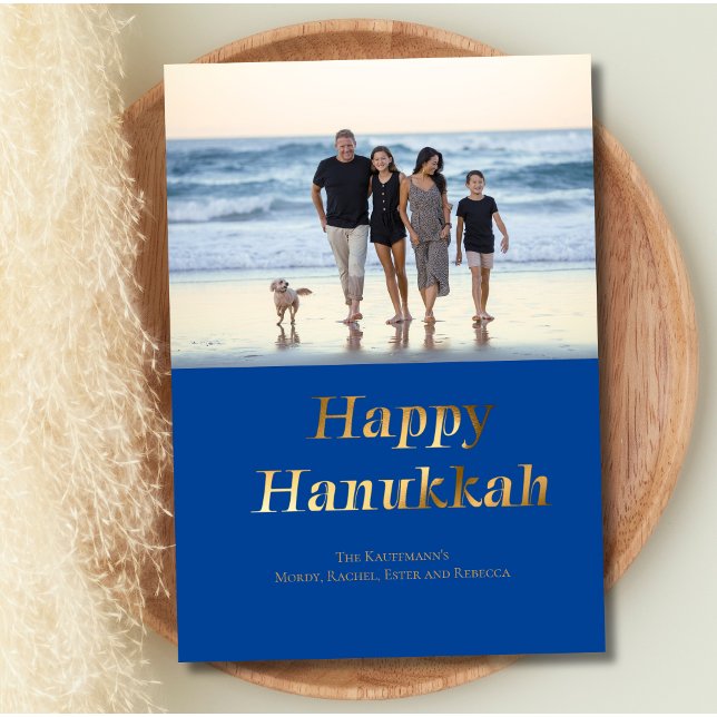 Cartes Pour Fêtes Annuelles Happy Hanoukka Blue Gold Foil Photo (Hanukkah Holiday Card Photo Blue Gold Foil Personalized, Printed or Digital)