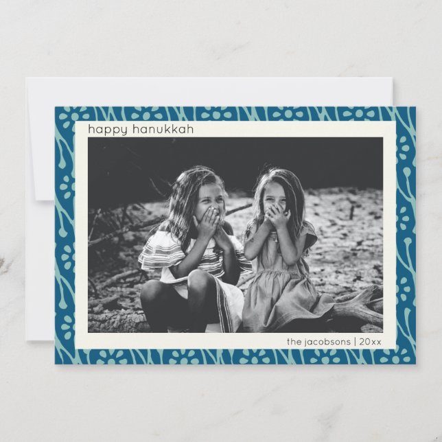 Cartes Pour Fêtes Annuelles Happy Hanoukka Custom Photo Blue Floral Boho (Devant)