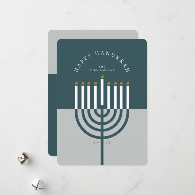 Cartes Pour Fêtes Annuelles Happy Hanoukka Moderne Menorah bougie Turquoise bl (Devant/Arrière en situation)