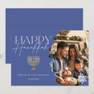 Cartes Pour Fêtes Annuelles Happy Hanoukka or bleu script menorah photo