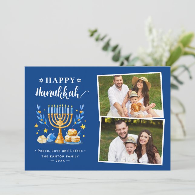 Cartes Pour Fêtes Annuelles Happy Hanoukka Peace Love Lights Stars 2 Photo (Debout devant)