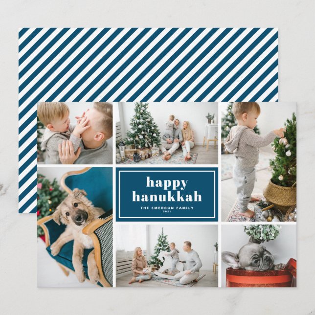Cartes Pour Fêtes Annuelles Happy Hanoukka Typographie Blue Photo Collage (Devant / Derrière)