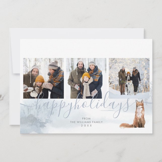 Cartes Pour Fêtes Annuelles Happy Holidays 3 Photo Collage Winter Woodland Fox (Devant)