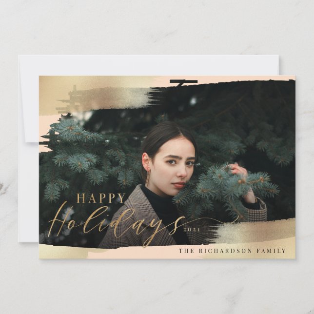 Cartes Pour Fêtes Annuelles Happy Holidays Blush Rose & Gold Foil Brush Photo (Devant)