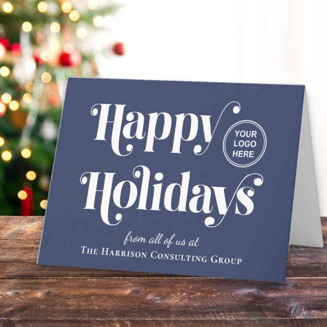 Cartes Pour Fêtes Annuelles Happy Holidays Business Logo QR Code bleu (Spread warmth, appreciation, and gratitude to your valued customers, clients, employees and partners)