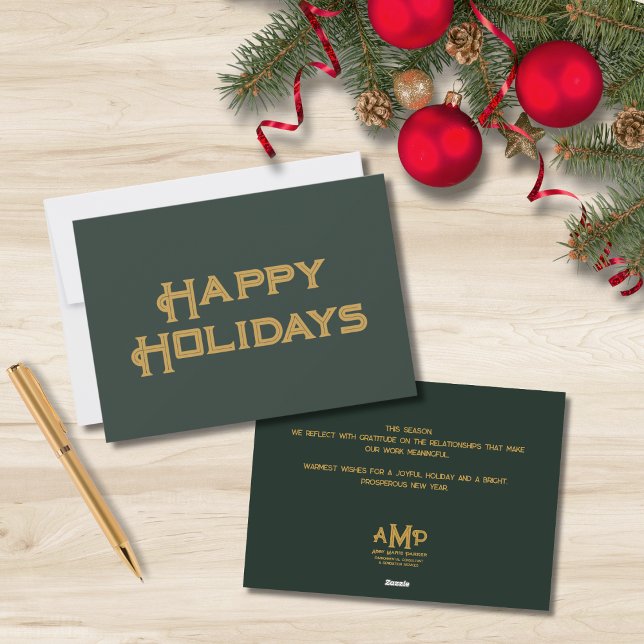 Cartes Pour Fêtes Annuelles Happy Holidays Business Monogram | Vert et Or (Créateur téléchargé)
