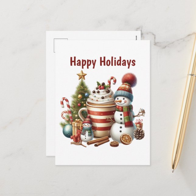 Cartes Pour Fêtes Annuelles Happy Holidays café bonhomme de neige (Devant/Arrière en situation)