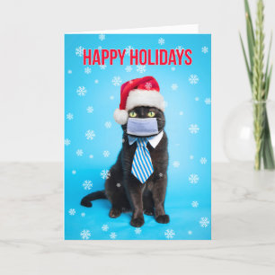 Cartes Pour Fêtes Annuelles Happy Holidays Chat en Cravate et Covid Visage Mas