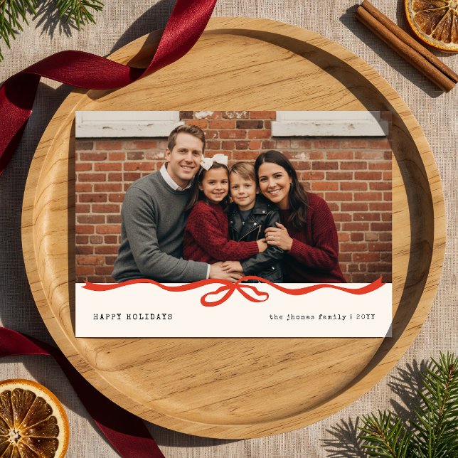 Cartes Pour Fêtes Annuelles Happy Holidays Gingham Bow Family Photo Christmas (Créateur téléchargé)