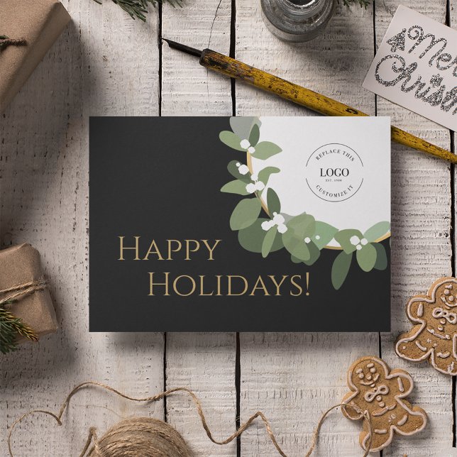 Cartes Pour Fêtes Annuelles Happy Holidays Gold Black Modern Wreath Your Logo (Professional Happy Holidays custom logo modern green wreath on black.)