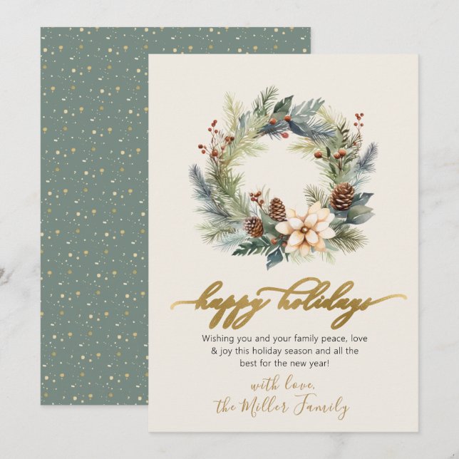 Cartes Pour Fêtes Annuelles Happy Holidays Gold Script Wreath Green Card (Devant / Derrière)