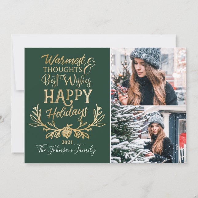 Cartes Pour Fêtes Annuelles Happy Holidays Green & Gold Festive famille Photos (Devant)