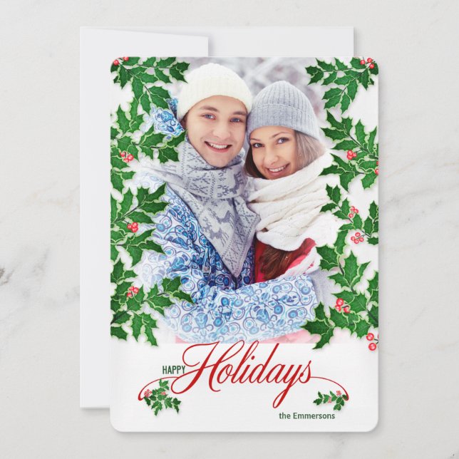 Cartes Pour Fêtes Annuelles Happy Holidays Holly et Berries Photo verticale (Devant)