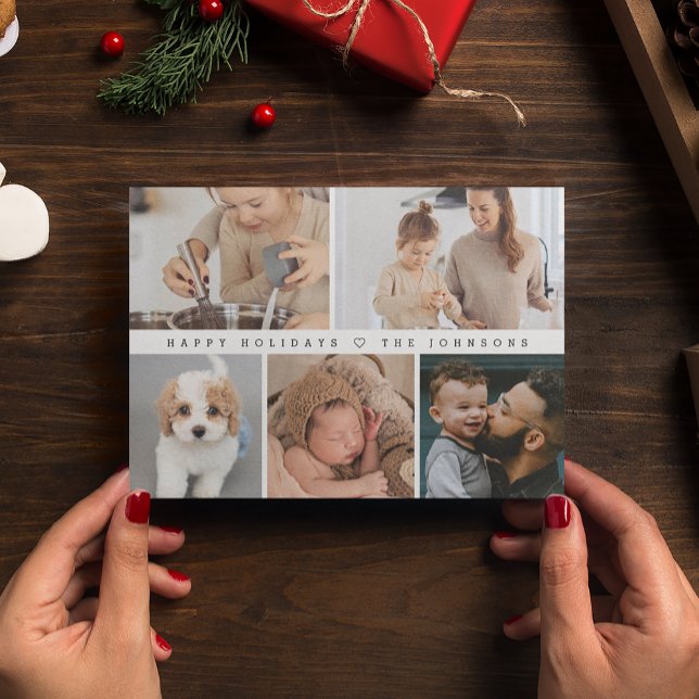 Cartes Pour Fêtes Annuelles Happy Holidays Simple Modern Photo collage (Customizable family photo collage grid happy holidays postcard)