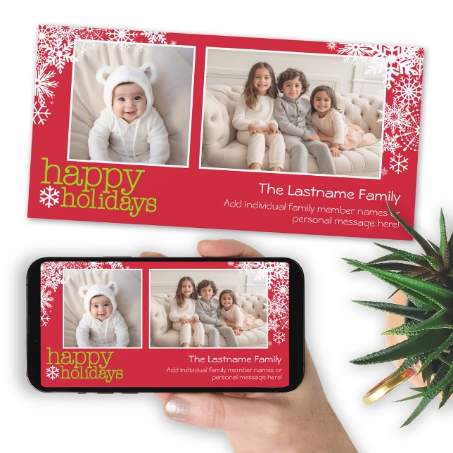 Cartes Pour Fêtes Annuelles Happy Holidays Snowflakes - 2 photos - horizontal (Add photos to this Christmas card and download a copy to send electronically or post on social media)