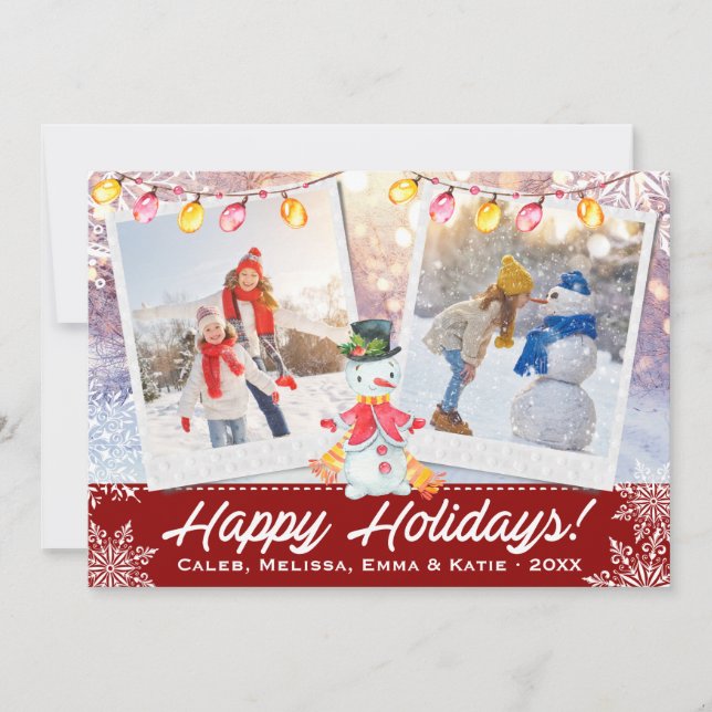 Cartes Pour Fêtes Annuelles Happy Holidays Snowman 2-Photo Collage | Rouge bla (Devant)