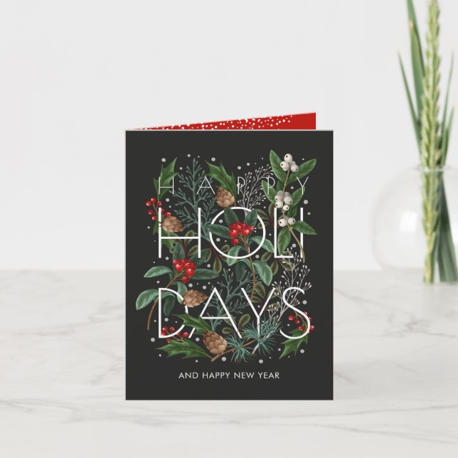 Cartes Pour Fêtes Annuelles Happy Holidays Typography Greenery Berries Folded (Devant)