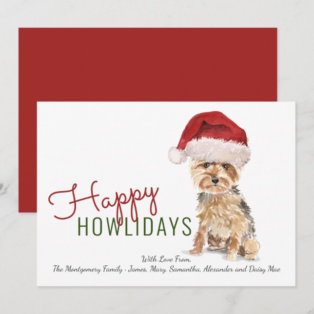 Cartes Pour Fêtes Annuelles Happy Howlidays mignon Yorkie à Santa Hat (Devant / Derrière)