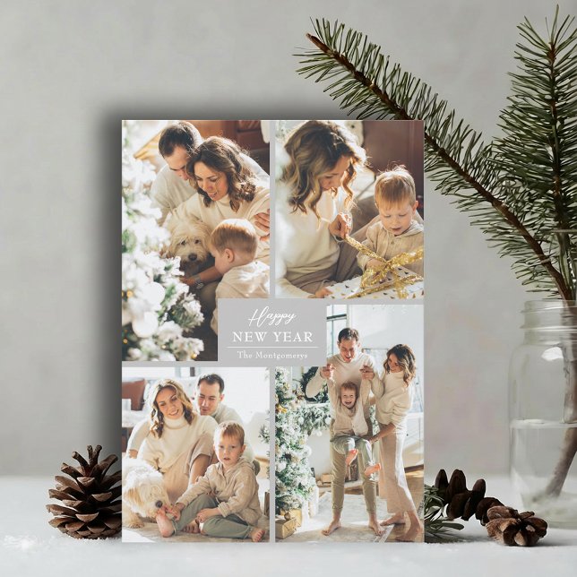 Cartes Pour Fêtes Annuelles Happy New Year 4 Photo Collage (Happy New Year grey 4 photo collage grid holiday cards, PRINTED and/or INSTANT DOWNLOAD)