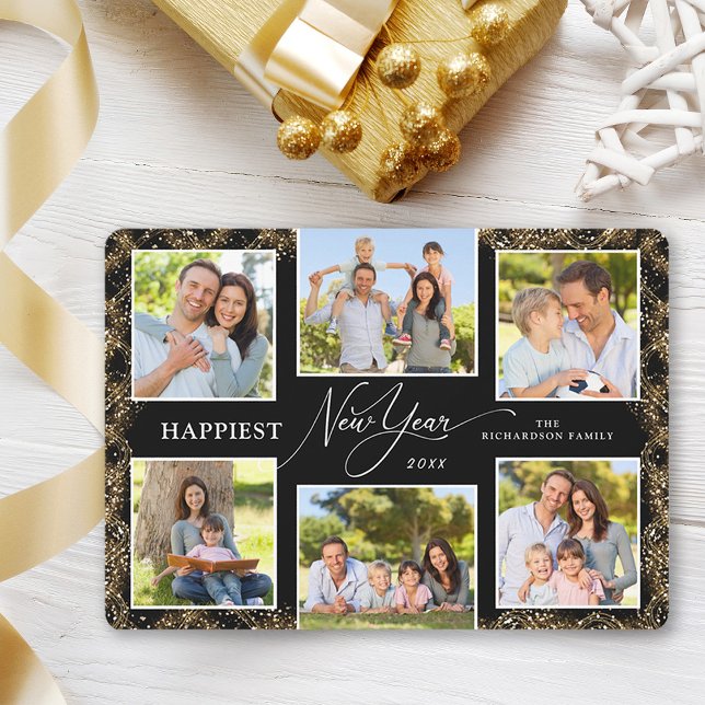 Cartes Pour Fêtes Annuelles Happy New Year 6 Photos Faux Glitter (Créateur téléchargé)