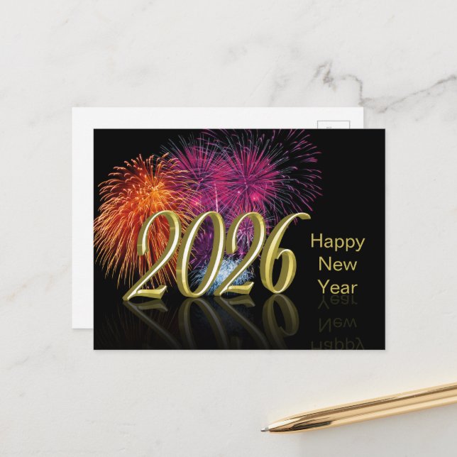 Cartes Pour Fêtes Annuelles Happy New Year Gold 2026 Fireworks (Devant/Arrière en situation)