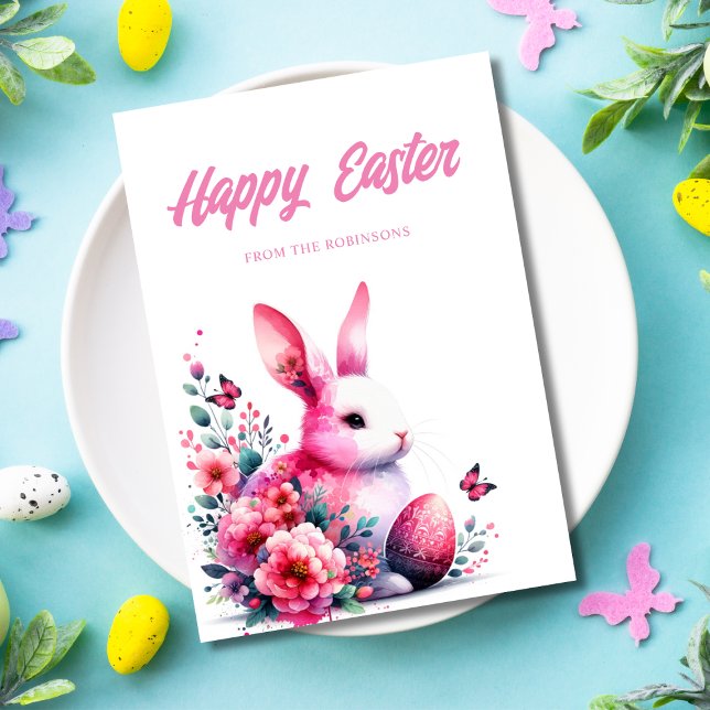 Cartes Pour Fêtes Annuelles Happy Pâques Aquarelle Bunny rose (Pink bunny happy easter card custom.)
