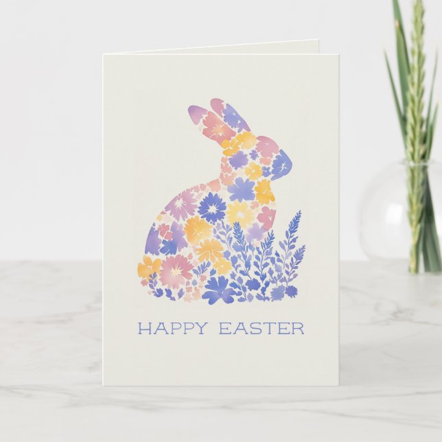 Cartes Pour Fêtes Annuelles Happy Pâques Moderne Aquarelle Lapin Floral (Devant)