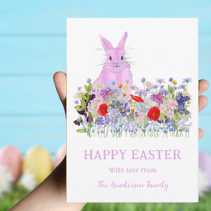 Cartes Pour Fêtes Annuelles Happy Pâques Pink Bunny Boho Fleur sauvage Aquarel