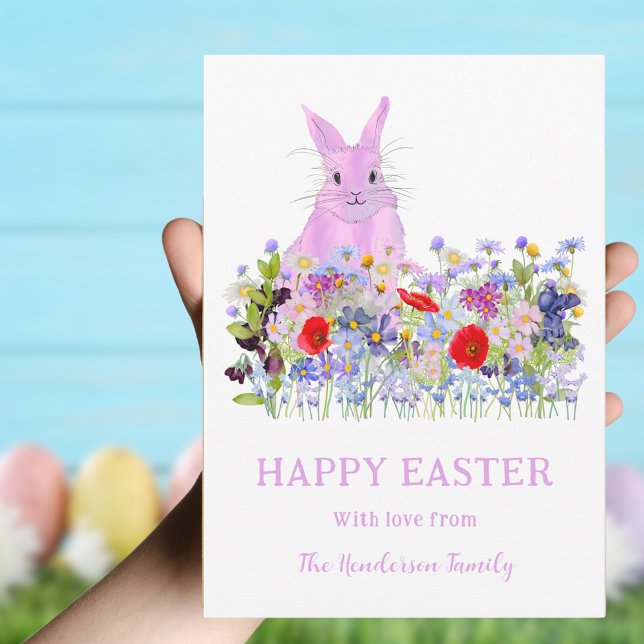 Cartes Pour Fêtes Annuelles Happy Pâques Pink Bunny Boho Fleur sauvage Aquarel (Happy Easter pink bunny and colorful wildflowers personalized flat holiday card)