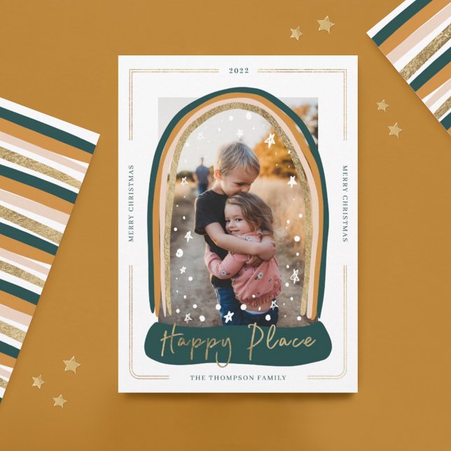 Cartes Pour Fêtes Annuelles Happy Place Modern Snow Globe Photo de Noël (Créateur téléchargé)
