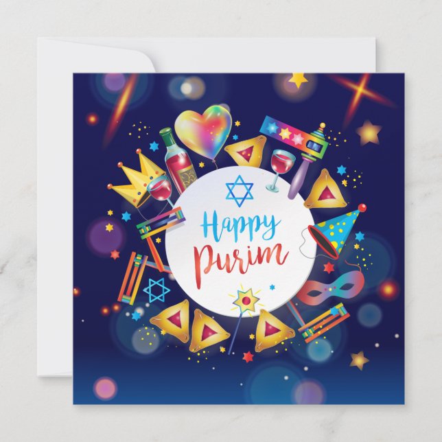 Cartes Pour Fêtes Annuelles Happy Purim Festival Hamantaschen & Gragger Hébreu (Devant)