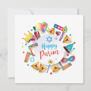 Cartes Pour Fêtes Annuelles Happy Purim Festival Hamantaschen & Gragger Hébreu