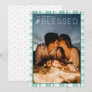 Cartes Pour Fêtes Annuelles hashtag #BLESSED Plaid Turquoise Vertical