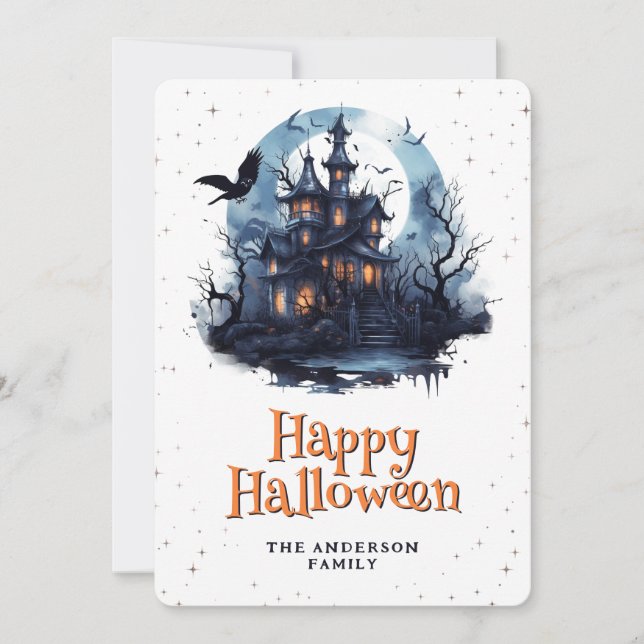 Cartes Pour Fêtes Annuelles Hauné Mansion Raven Bats Lune Happy Halloween (Devant)