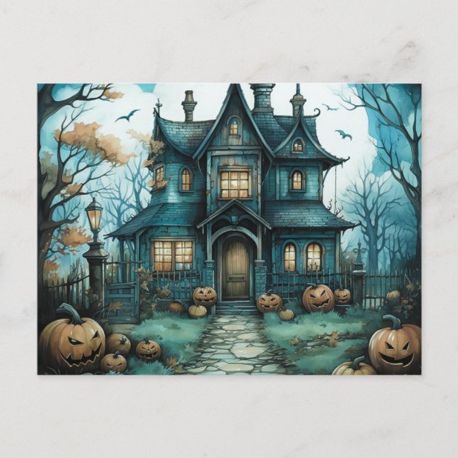 Cartes Pour Fêtes Annuelles Haunted House Pleine lune Citrouilles Halloween (Devant)