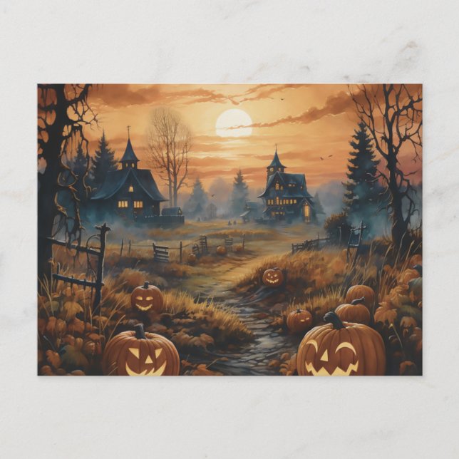 Cartes Pour Fêtes Annuelles Haunted House Pleine lune Citrouilles Halloween (Devant)
