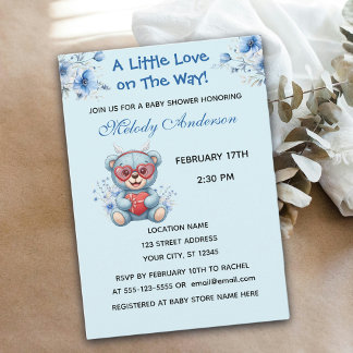 Cartes Pour Fêtes Annuelles Heart Glasses Teddy Bear Blue Baby Shower Invite